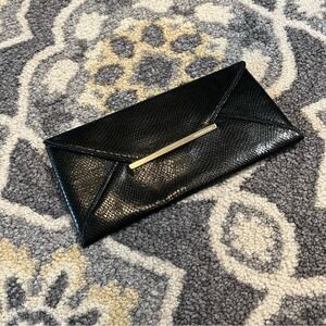 BCBG MAXAZRIA Black Faux Snakeskin Envelope Bag Clutch Gold Bar Evening Bag